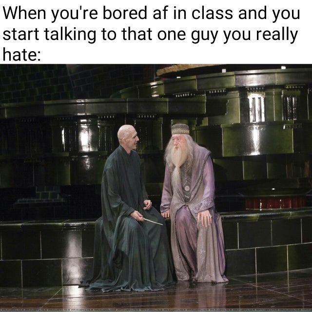 dumbledore and voldemort - When you're bored af in class and you start talking to that one guy you really hate
