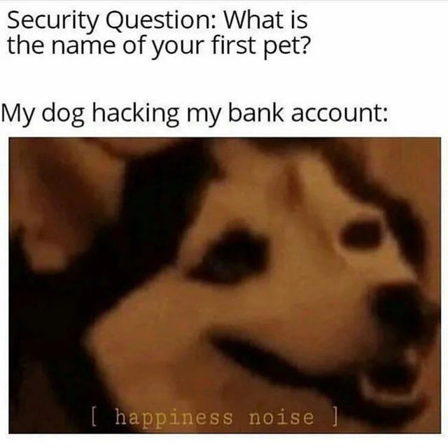 humpday - happiness noise meme español - Security Question What is the name of your first pet? My dog hacking my bank account happiness noise