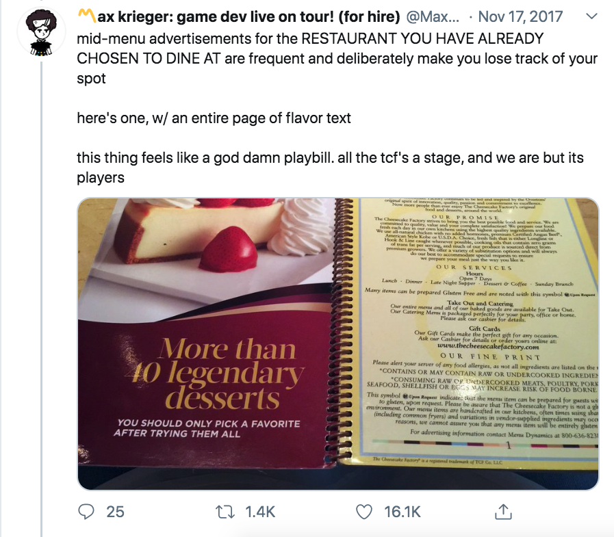 cheesecake factory menu meme - Max krieger game dev live on tour! for hire ... midmenu advertisements for the Restaurant You Have Already Chosen To Dine At are frequent and deliberately make you lose track of your spot here's one, w an entire page of flav