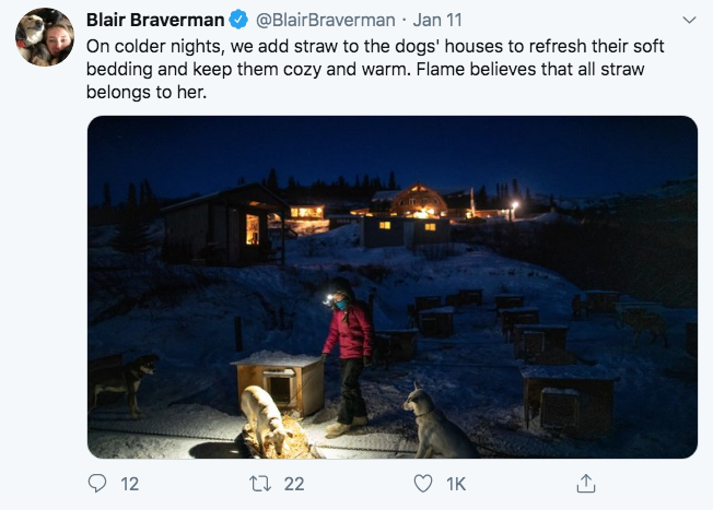 sky - Blair Braverman Braverman Jan 11 On colder nights, we add straw to the dogs' houses to refresh their soft bedding and keep them cozy and warm. Flame believes that all straw belongs to her. 12 27 22 Ik
