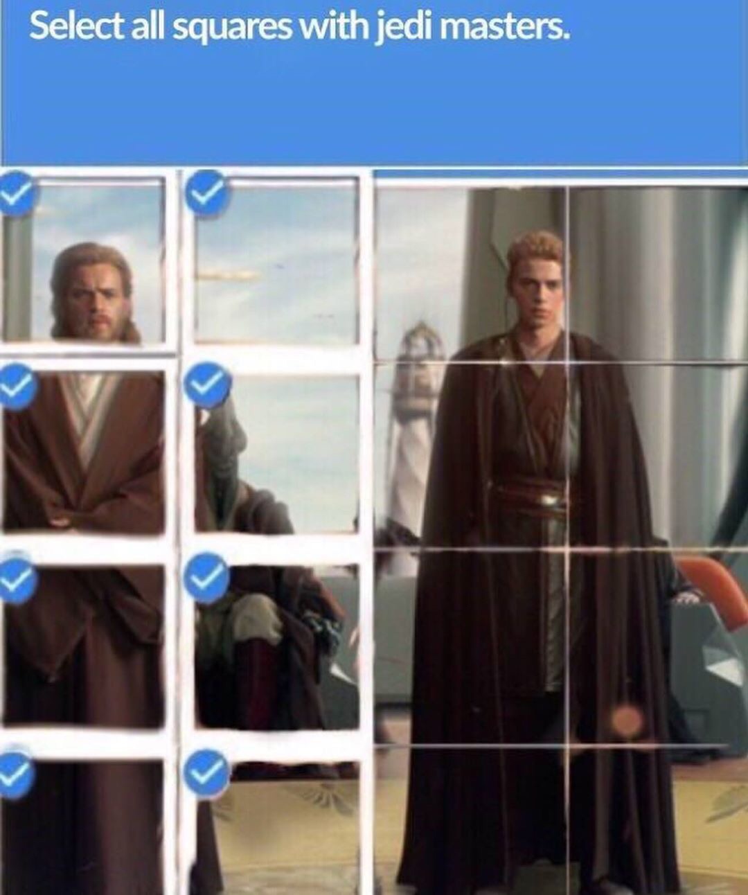 star wars memes its unfair - Select all squares with jedi masters.