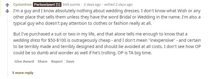 document - 4 Cyclonitron Partassipant 1 568 points . 2 days ago . edited 2 days ago I'm a guy and I know absolutely nothing about wedding dresses. I don't know what Wish or any other place that sells them unless they have the word Bridal or Wedding in the