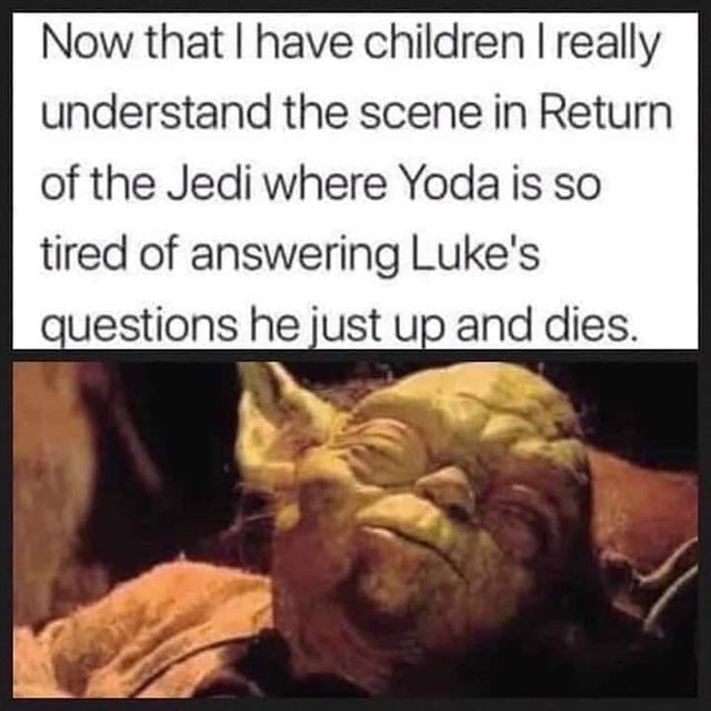 may the farts be with you - Now that I have children I really understand the scene in Return of the Jedi where Yoda is so tired of answering Luke's questions he just up and dies.