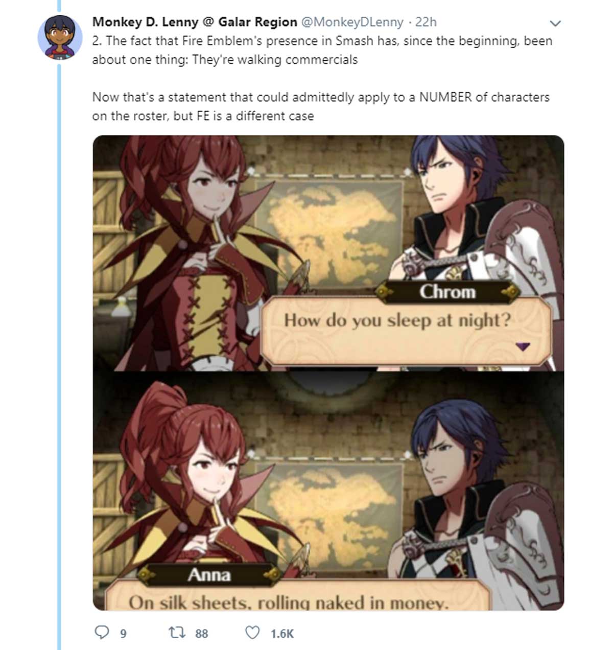 chrom how do you sleep at night - Monkey D. Lenny @ Galar Region 22h 2. The fact that Fire Emblem's presence in Smash has, since the beginning, been about one thing They're walking commercials Now that's a statement that could admittedly apply to a Number