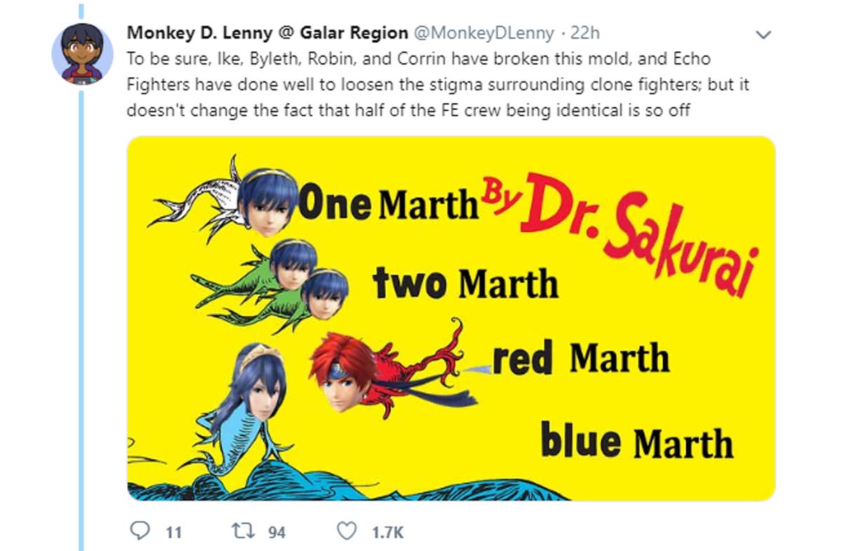 one fish two fish red - Monkey D. Lenny @ Galar Region 22h To be sure, Ike, Byleth, Robin, and Corrin have broken this mold, and Echo Fighters have done well to loosen the stigma surrounding clone fighters; but it doesn't change the fact that half of the 