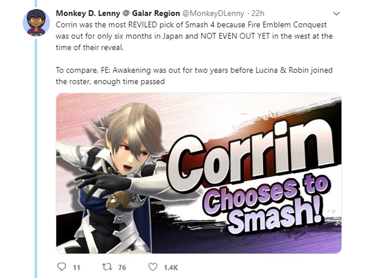 cartoon - Monkey D. Lenny @ Galar Region 22h Corrin was the most Reviled pick of Smash 4 because Fire Emblem Conquest was out for only six months in Japan and Not Even Out Yet in the west at the time of their reveal. To compare, Fe Awakening was out for t