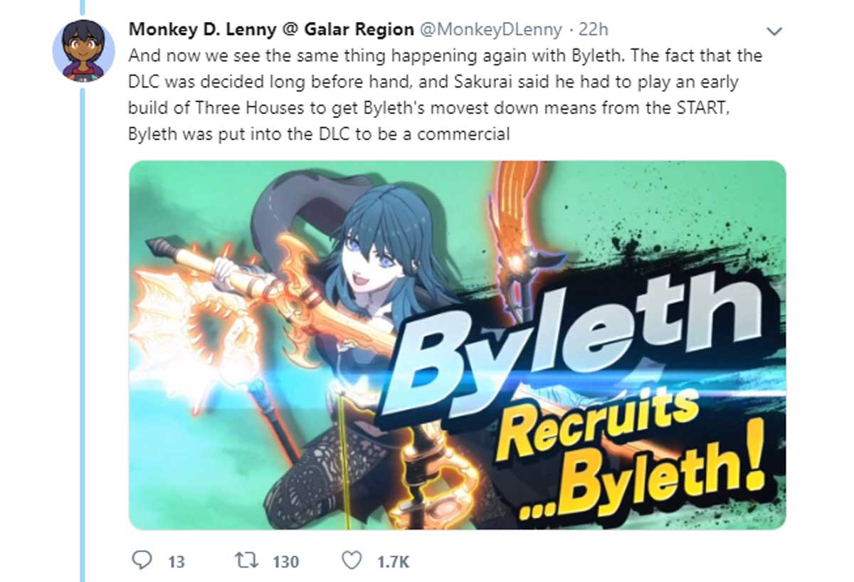 cartoon - Monkey D. Lenny @ Galar Region .22h And now we see the same thing happening again with Byleth. The fact that the Dlc was decided long before hand, and Sakurai said he had to play an early build of Three Houses to get Byleth's movest down means f