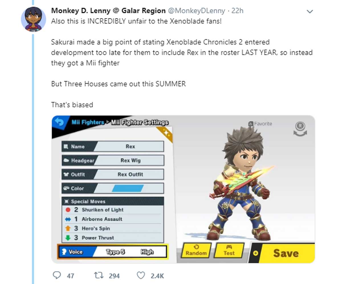 cartoon - Monkey D. Lenny @ Galar Region . 22h Also this is Incredibly unfair to the Xenoblade fans! Sakurai made a big point of stating Xenoblade Chronicles 2 entered development too late for them to include Rex in the roster Last Year, so instead they g