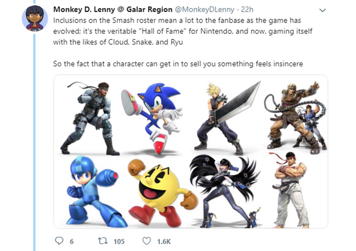 third party characters in smash - Monkey D. Lenny @ Galar Region . 22h Inclusions on the Smash roster mean a lot to the fanbase as the game has evolved; it's the veritable "Hall of Fame" for Nintendo, and now, gaming itself with the of Cloud, Snake, and R