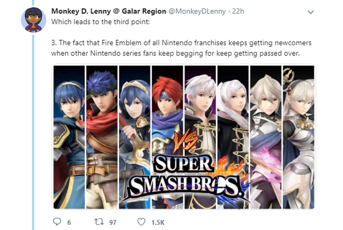anime - Monkey D. Lenny @ Galar Region 22h Which leads to the third point 3. The fact that Fire Emblem of all Nintendo franchises keeps getting newcomers when other Nintendo series fans keep begging for keep getting passed over. Super Smash Brest 96 297