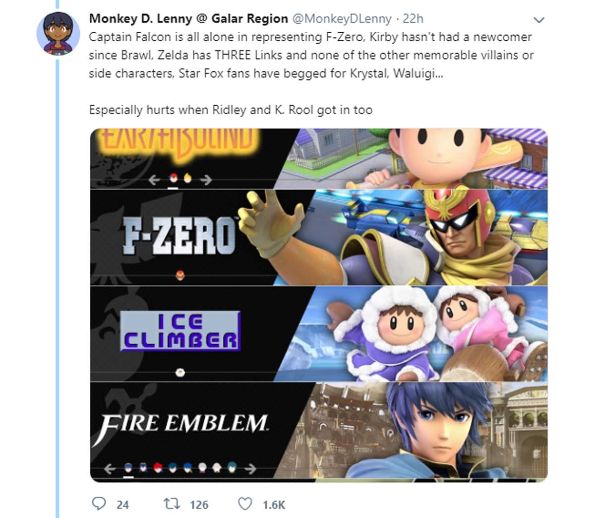fire emblem awakening - Monkey D. Lenny @ Galar Region 22h Captain Falcon is all alone in representing FZero, Kirby hasn't had a newcomer since Brawl, Zelda has Three Links and none of the other memorable villains or side characters, Star Fox fans have be