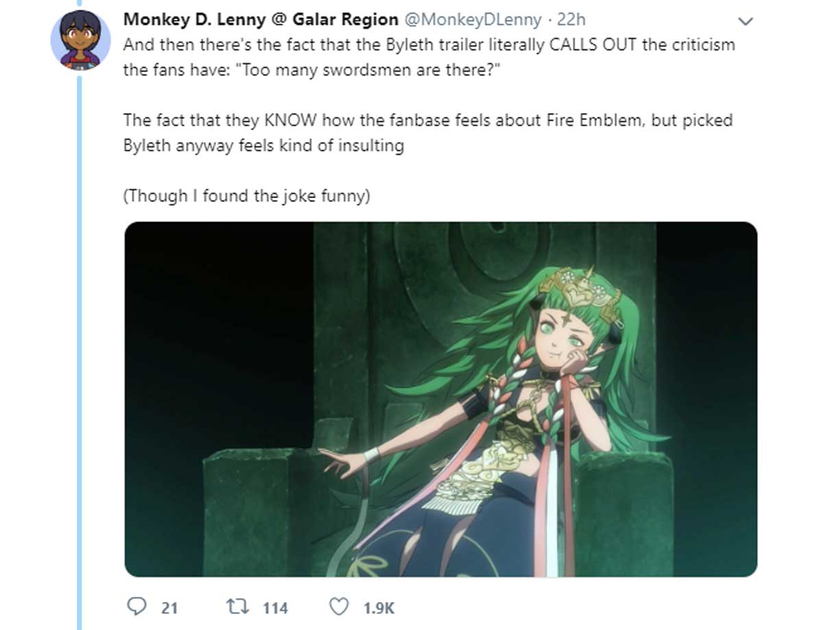 Super Smash Bros. Ultimate - Monkey D. Lenny @ Galar Region 22h And then there's the fact that the Byleth trailer literally Calls Out the criticism the fans have "Too many swordsmen are there?" The fact that they Know how the fanbase feels about Fire Embl