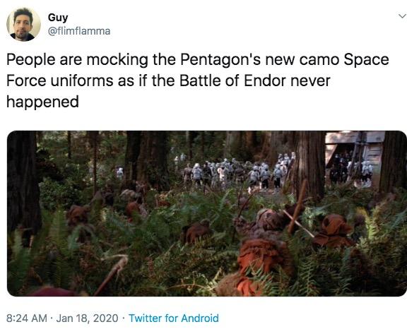 meme- vegetation - Guy People are mocking the Pentagon's new camo Space Force uniforms as if the Battle of Endor never happened Twitter for Android