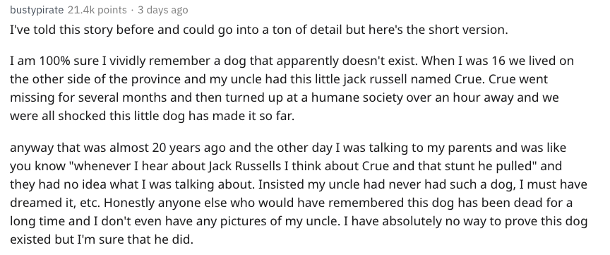 document - bustypirate points. 3 days ago I've told this story before and could go into a ton of detail but here's the short version. I am 100% sure I vividly remember a dog that apparently doesn't exist. When I was 16 we lived on the other side of the pr