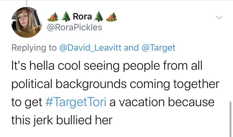 document - Rora and It's hella cool seeing people from all political backgrounds coming together to get Tori a vacation because this jerk bullied her