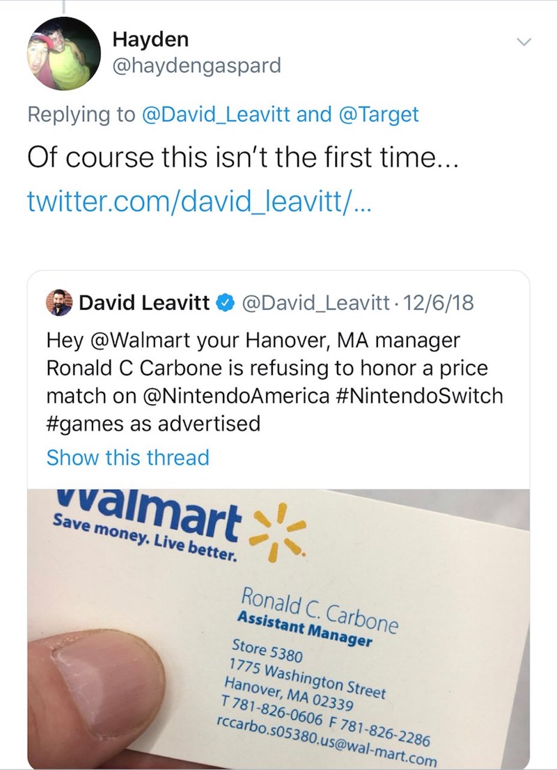water - Hayden and Of course this isn't the first time... twitter.comdavid_leavitt... David Leavitt 12618 Hey your Hanover, Ma manager Ronald C Carbone is refusing to honor a price match on Switch as advertised Show this thread vvalmart . Save money. Live
