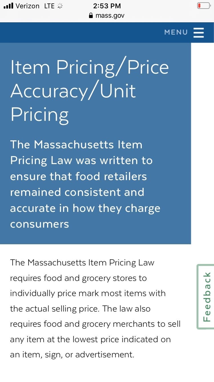 screenshot - Il Verizon Lte mass.gov Menu Item PricingPrice AccuracyUnit Pricing The Massachusetts Item Pricing Law was written to ensure that food retailers remained consistent and accurate in how they charge consumers The Massachusetts Item Pricing Law 