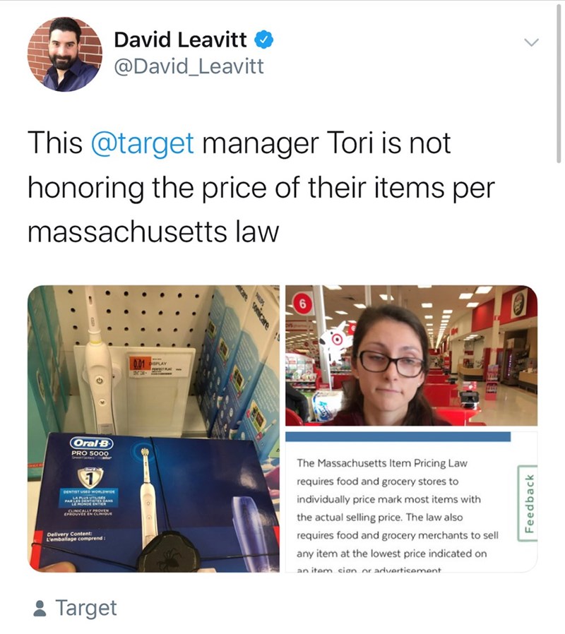 media - David Leavitt This manager Tori is not honoring the price of their items per massachusetts law Oral B Pro 5000 ma The Massachusetts Item Pricing Law requires food and grocery stores to individually price mark most items with the actual selling pri