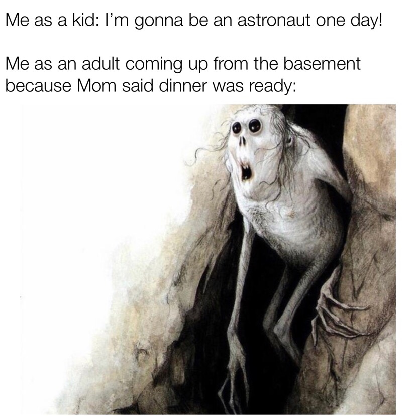 today my internet connection went down - Me as a kid I'm gonna be an astronaut one day! Me as an adult coming up from the basement because Mom said dinner was ready