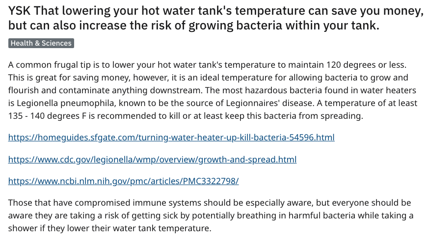 angle - Ysk That lowering your hot water tank's temperature can save you money, but can also increase the risk of growing bacteria within your tank. Health & Sciences A common frugal tip is to lower your hot water tank's temperature to maintain 120 degree