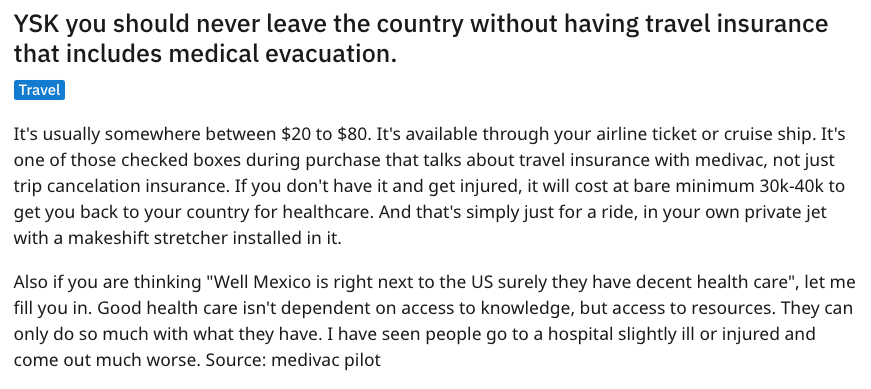 Weighted average cost of capital - Ysk you should never leave the country without having travel insurance that includes medical evacuation. Travel It's usually somewhere between $20 to $80. It's available through your airline ticket or cruise ship. It's o