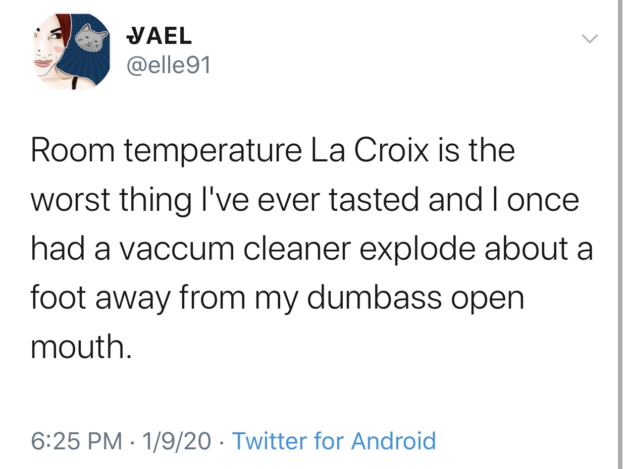 jokes with punchlines - Yael Room temperature La Croix is the worst thing I've ever tasted and I once had a vaccum cleaner explode about a foot away from my dumbass open mouth. 1920 Twitter for Android