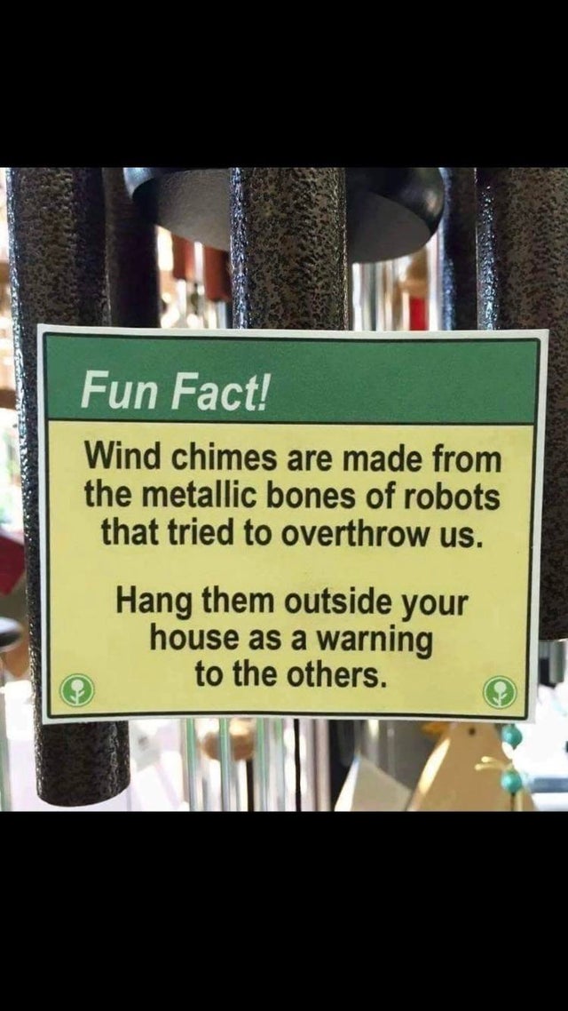 street sign - Fun Fact! Wind Chimes are made from the metallic bones of robots that tried to overthrow us. Hang them outside your house as a warning to the others.