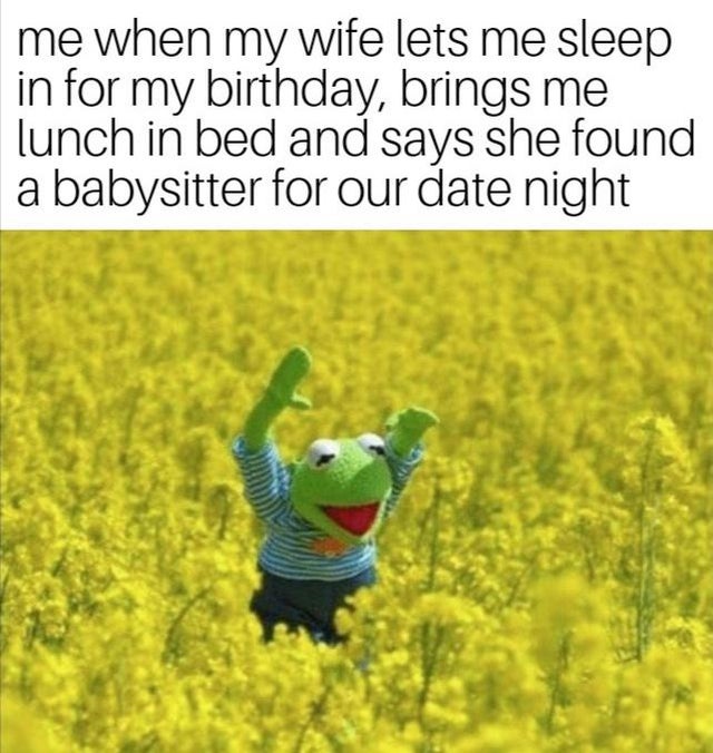 wholesome kermit - me when my wife lets me sleep in for my birthday, brings me lunch in bed and says she found a babysitter for our date night