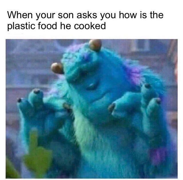 Internet meme - When your son asks you how is the plastic food he cooked