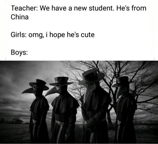 meme  - Plague doctor - Teacher We have a new student. He's from China Girls omg, i hope he's cute Boys