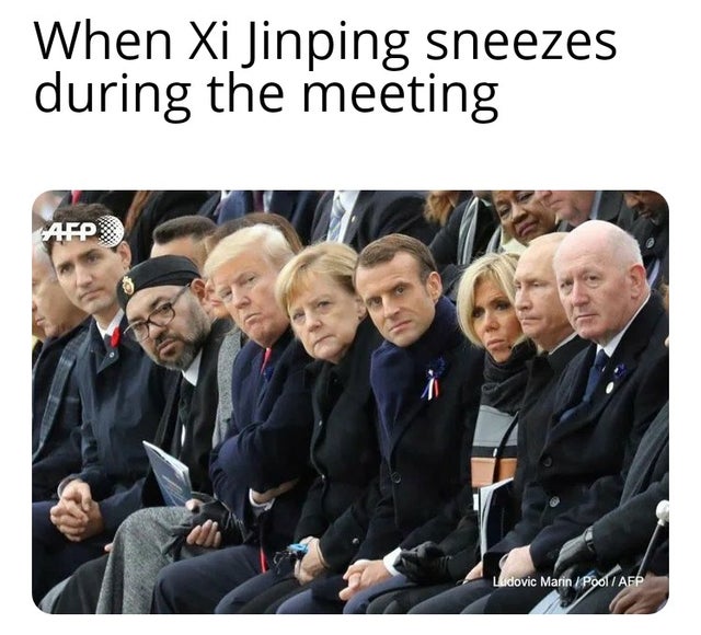 meme  - wwi ceremony - When Xi Jinping sneezes during the meeting Ludovic MarinPool Afp