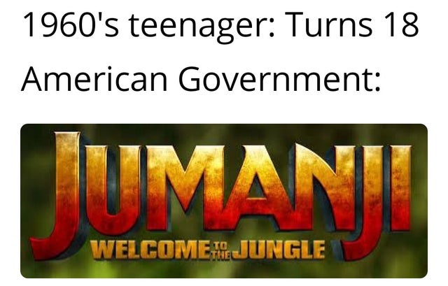 meme  - graphics - 1960's teenager Turns 18 American Government Mani Welcome To Jungle