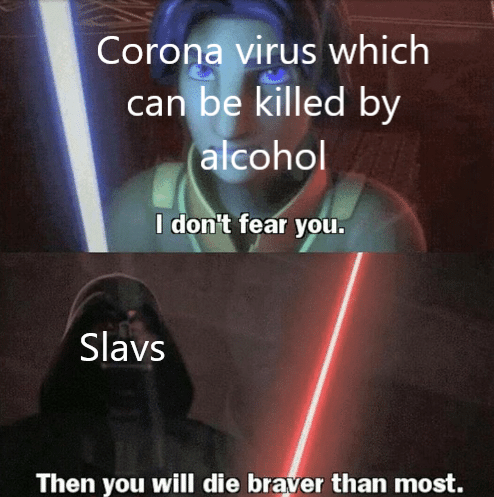 corona virus meme - photo caption - Corona virus which can be killed by alcohol I don't fear you. Slavs Then you will die braver than most.
