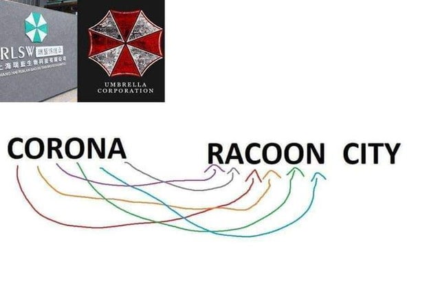 corona virus meme - graphic design - Rlsweise Res Avongarso Umbrella Corporation Corona Racoon City Av