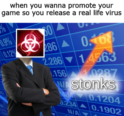 corona virus meme - steaks minecraft meme - when you wanna promote your game so you release a real life virus 10 0.108 286 A 2.286 145363 .156 10287 w stonks 000.1204 A 0.1902