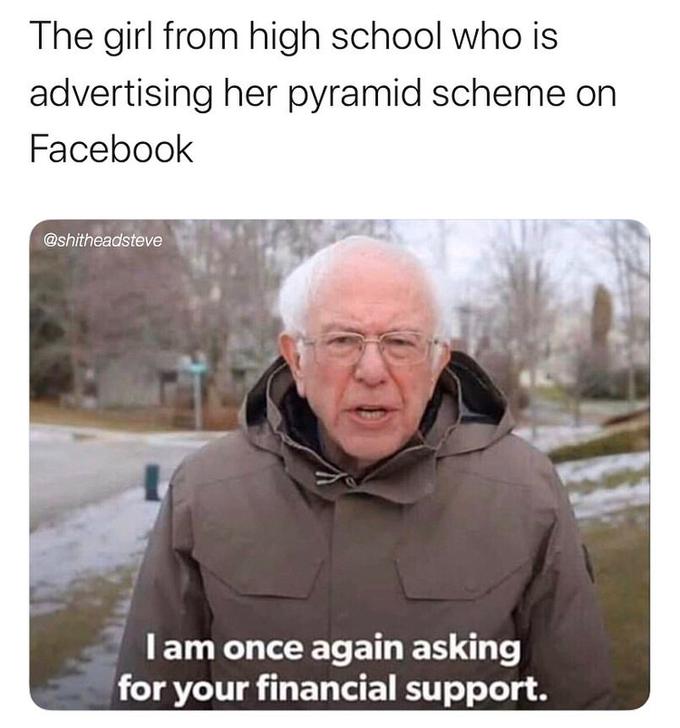 bernie sanders - Internet meme - The girl from high school who is advertising her pyramid scheme on Facebook Tam once again asking for your financial support.