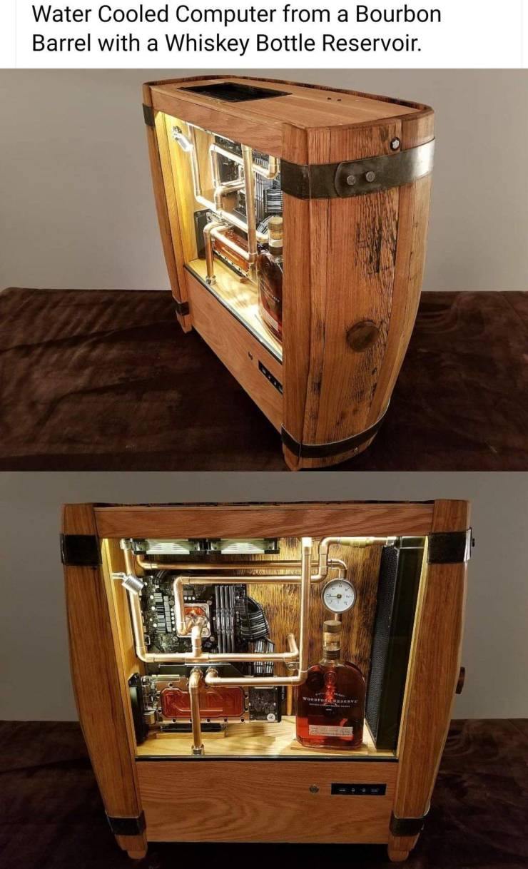 Bourbon whiskey - Water Cooled Computer from a Bourbon Barrel with a Whiskey Bottle Reservoir.