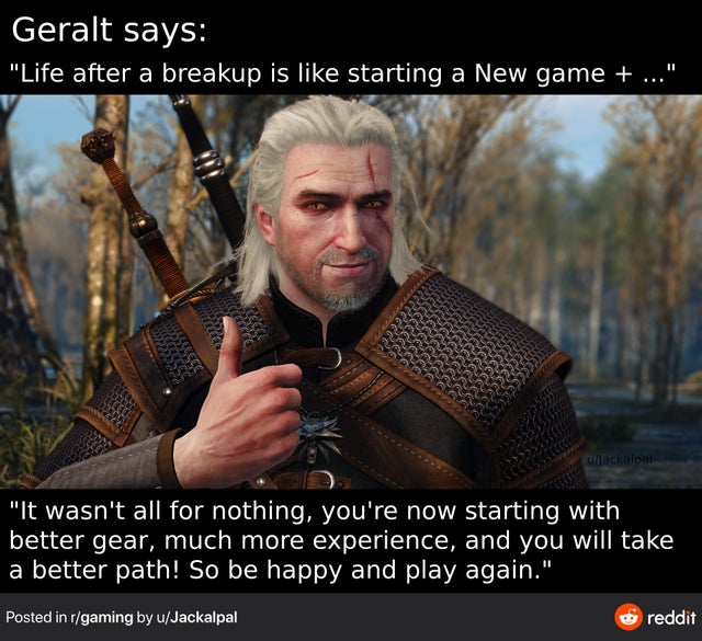 wholesome - gary the metrosexual fruitcake - Geralt says "Life after a breakup is starting a New game ..." ujackalpal "It wasn't all for nothing, you're now starting with better gear, much more experience, and you will take a better path! So be happy and 