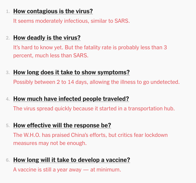 angle - 1. How contagious is the virus? It seems moderately infectious, similar to Sars. 2. How deadly is the virus? It's hard to know yet. But the fatality rate is probably less than 3 percent, much less than Sars. 3. How long does it take to show sympto