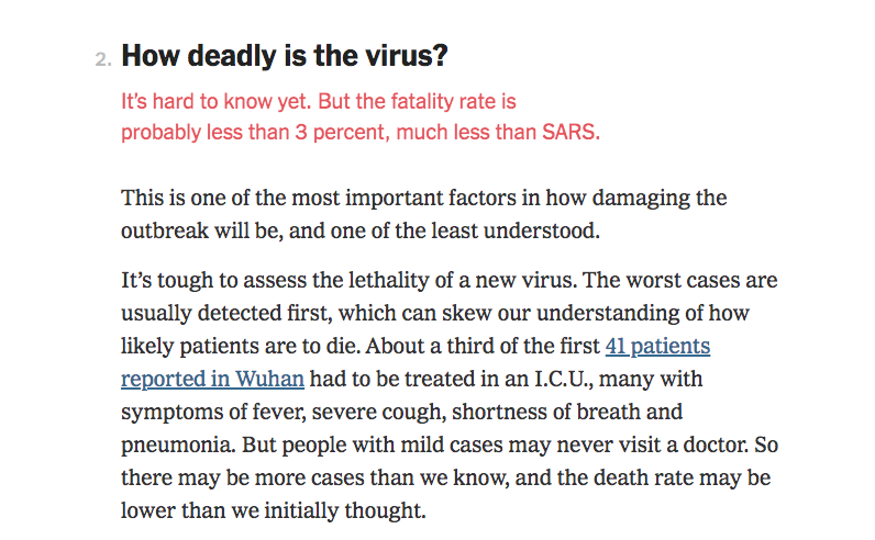 2. How deadly is the virus? It's hard to know yet. But the fatality rate is probably less than 3 percent, much less than Sars. This is one of the most important factors in how damaging the outbreak will be, and one of the least understood. It's tough to…