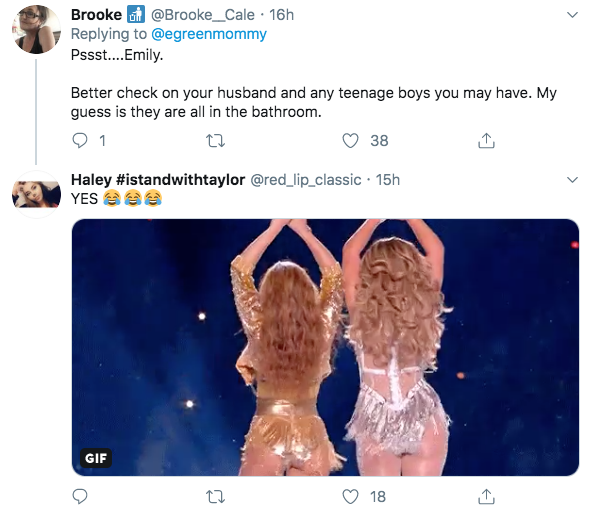 super bowl - human - Brooke # 16h Pssst....Emily. Better check on your husband and any teenage boys you may have. My guess is they are all in the bathroom. 1 t2 38 Haley 15h Yes Gif 0 22 0 18