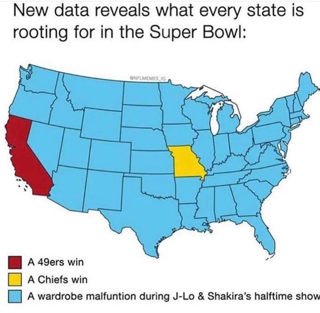 super bowl meme - clipart united states map black and white - New data reveals what every state is rooting for in the Super Bowl A 49ers win A Chiefs win A wardrobe malfuntion during JLo & Shakira's halftime show