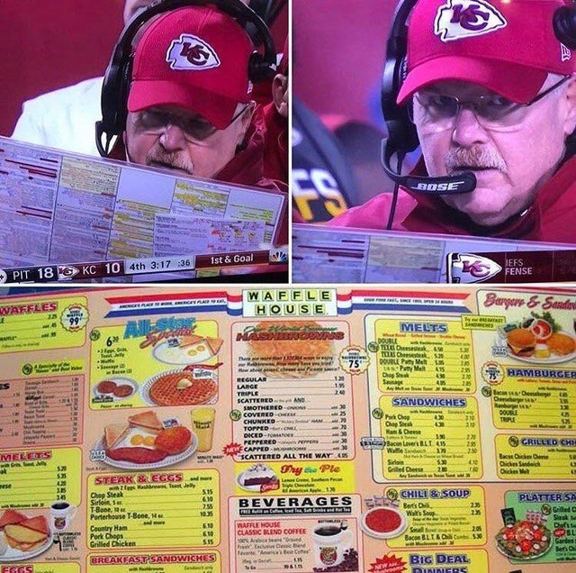 super bowl meme - andy reid waffle house menu - Rose 1st & Goal Pit 18 5 Kc 10 4th 36 Wafele House Bargary & Sandor Waff si Melts Masca Jost 1089 More Double Pwy Mall Pe Me Drug Hamburger New Od Sandwiches Regular Large Tiple Scattered And ImotheredOos 2 