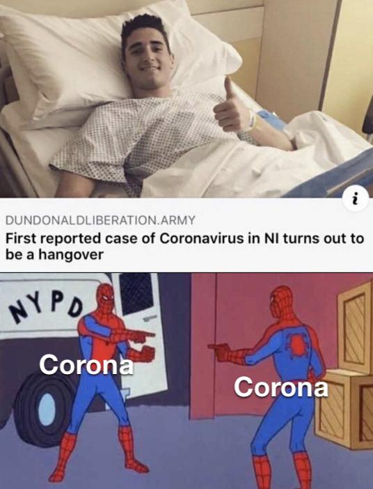 dank meme - spiderman pointing at spiderman meme - Dundonaldliberation.Army First reported case of Coronavirus in Ni turns out to be a hangover Nypd Corona Corona