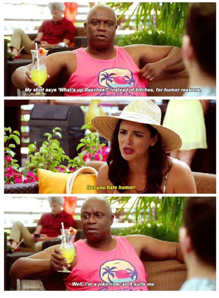 dark meme - sad brooklyn nine nine memes - My shirt says 'What's up Beaches?" instead of bitches, for humor reasons. But you hate humori Well, I'm a joke now, so it suits me.
