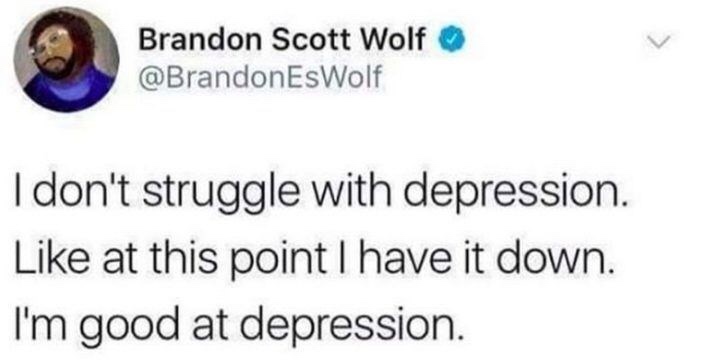 dark meme - depression memes - Brandon Scott Wolf I don't struggle with depression. at this point I have it down. I'm good at depression.