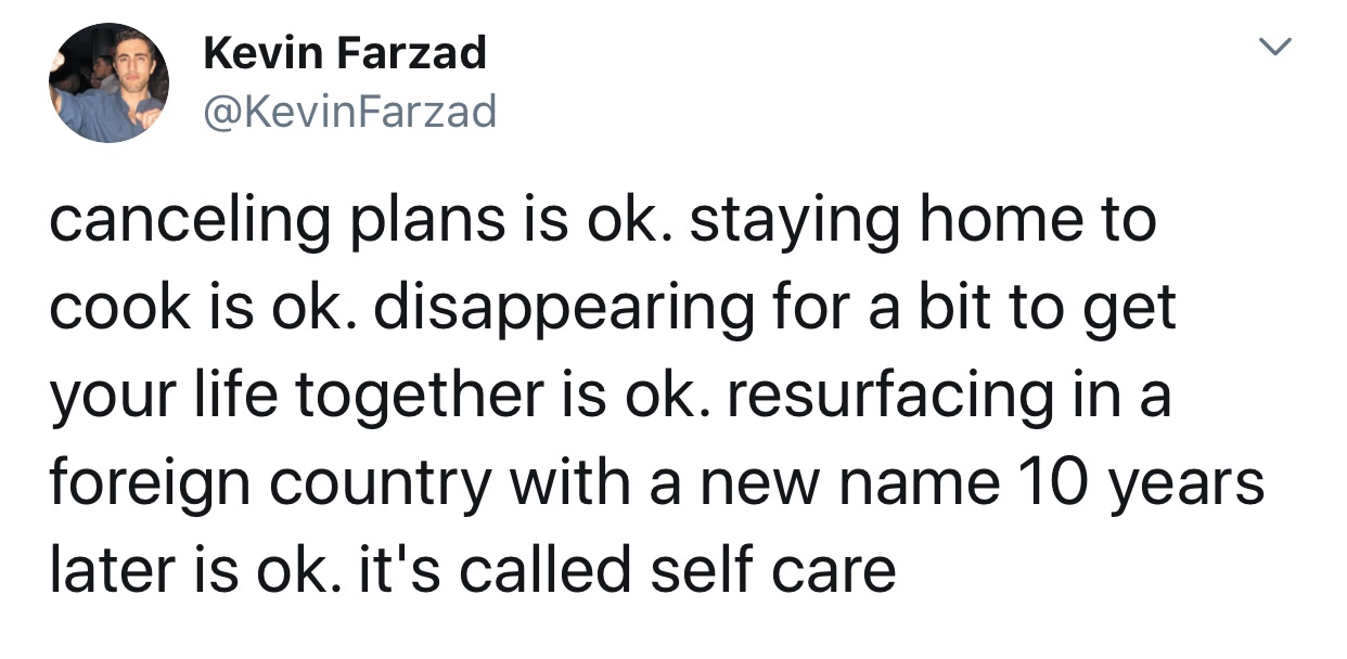 dark meme - sophie turner tweets to piers morgan - Kevin Farzad canceling plans is ok. staying home to cook is ok. disappearing for a bit to get your life together is ok. resurfacing in a foreign country with a new name 10 years later is ok. it's called s