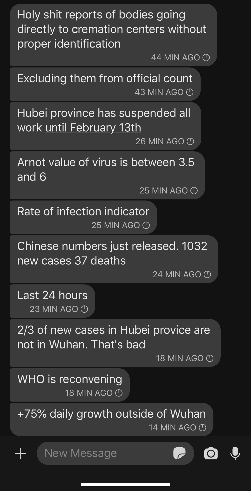 humpday collection - screenshot - Holy shit reports of bodies going directly to cremation centers without proper identification 44 Min Ago O Excluding them from official count 43 Min Ago O Hubei province has suspended all work until February 13th 26 Min A