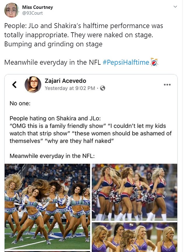 competition - Miss Courtney Court People JLo and Shakira's halftime performance was totally inappropriate. They were naked on stage. Bumping and grinding on stage Meanwhile everyday in the Nfl o Zajari Acevedo Yesterday at No one People hating on Shakira 