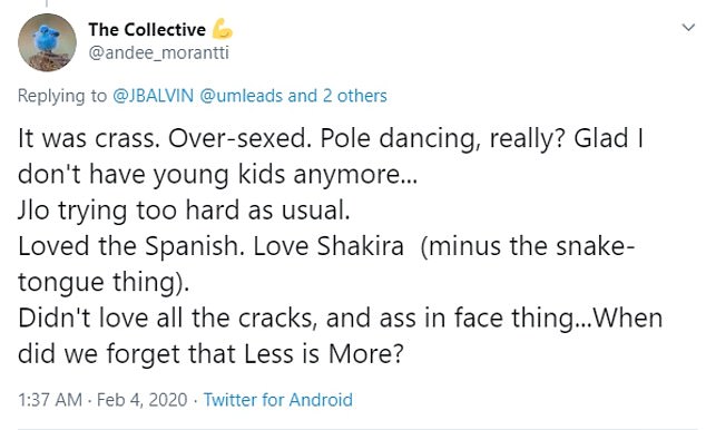 document - The Collective and 2 others It was crass. Oversexed. Pole dancing, really? Glad | don't have young kids anymore... Jlo trying too hard as usual. Loved the Spanish. Love Shakira minus the snake tongue thing. Didn't love all the cracks, and ass i